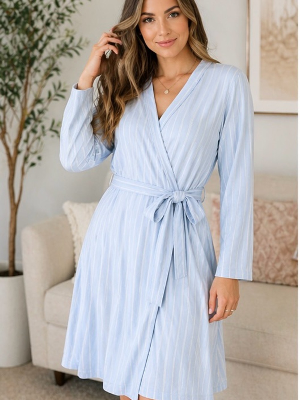 Pajama Drama Blue Stripe Wrap Robe S M Tie Waist Lounge